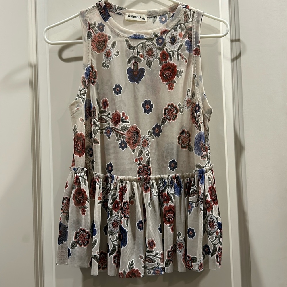 Ginger G Floral Sleeveless tank top ruffle pleat bottom stretchy nylon size M